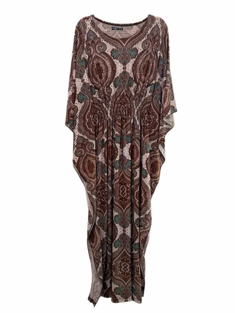 KOH KOH Women's Long Print Boho Kaftan Maxi Dress Brown White 2XL